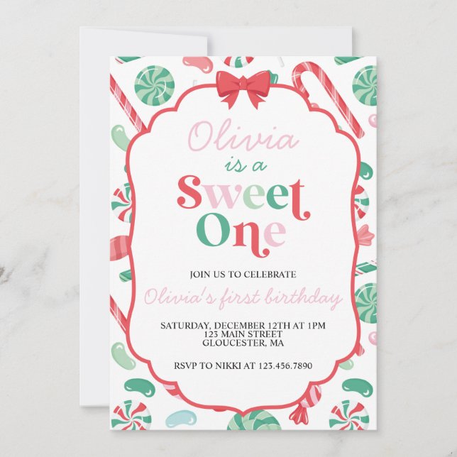 Invitación Dulce de Navidad Dulce Uno Primer Cumpleaños (Anverso)