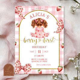 Invitación dulce de niña con lazo rosa y fresa