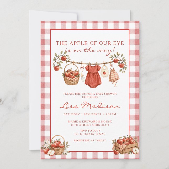 Invitación Dulce de Nuestro Ojo Fiesta de Bebé de Manzana Roj (Anverso)