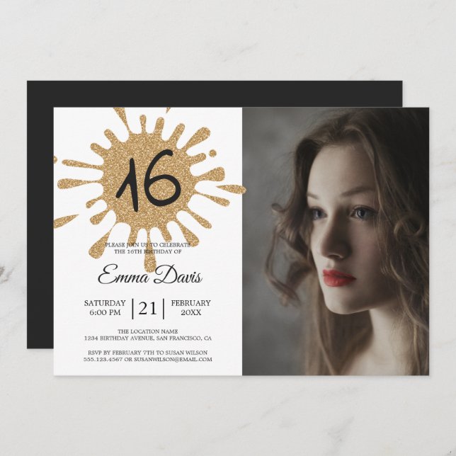 Invitación Dulce de oro 16 16ª foto de fiesta de cumpleaños (Anverso / Reverso)