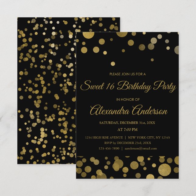 Invitación Dulce de oro 16 Confetti de oro de fiesta de cumpl (Anverso / Reverso)