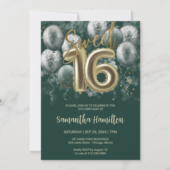 Invitación Dulce de oro 16 globos de brigada Fiesta verde esm (Anverso)