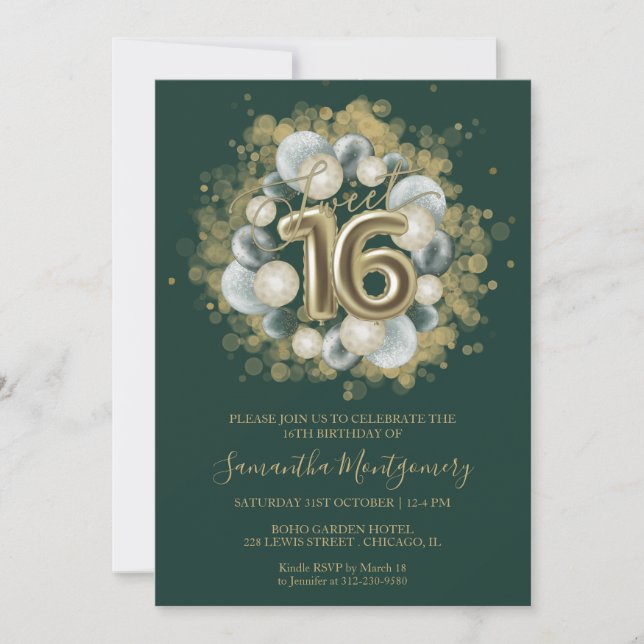 Invitación Dulce de oro 16 Globos de cumpleaños Fiesta Esmera (Anverso)