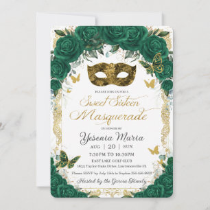Invitación Dulce de oro de flores verde esmeralda Dieciséis M