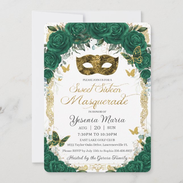 Invitación Dulce de oro de flores verde esmeralda Dieciséis M (Anverso)