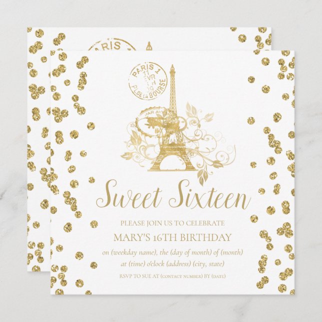 Invitación Dulce de oro Dieciséis Purpurinas de París Confett (Anverso / Reverso)