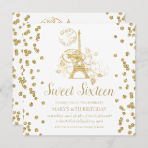 Invitación Dulce de oro Dieciséis Purpurinas de París Confett