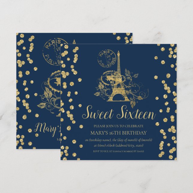 Invitación Dulce de oro Dieciséis Purpurinas de París Confett (Anverso / Reverso)