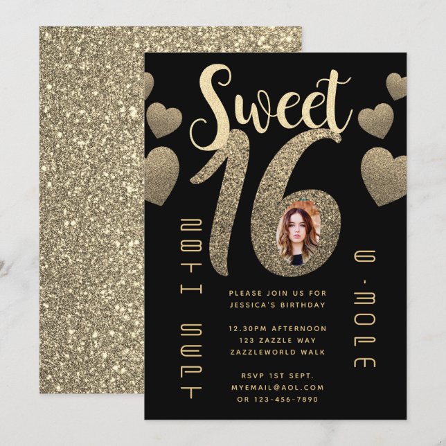 Invitación Dulce de oro negro 16 Purpurina moderno invita (Anverso / Reverso)