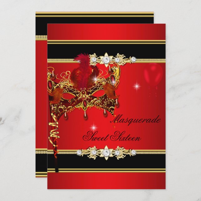 Invitación Dulce de oro rojo Dieciséis dulces 16 mascaradas 2 (Anverso / Reverso)
