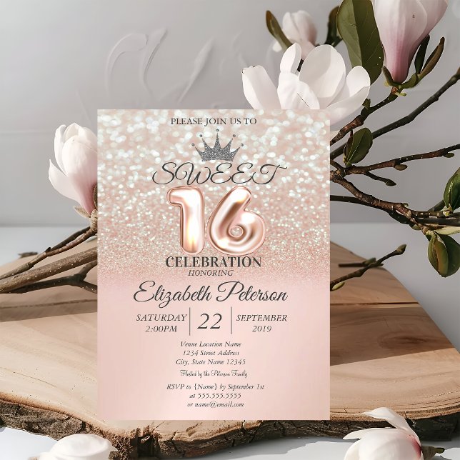Invitación Dulce de oro Rosa 16 Purpurina Bokeh Ombre, Tiara (Subido por el creador)