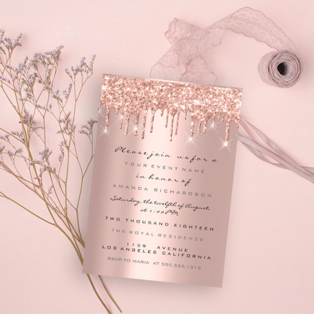 Invitación Dulce de oro Rosa de Purpurina de chispa 16 (Spark Glitter Drips Rose Gold Bridal Sweet 16th Invitation)