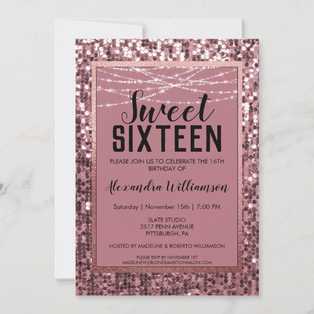 Invitación Dulce de oro Rosa/Purpurina Dulce 16 Fiesta de cum (Anverso)
