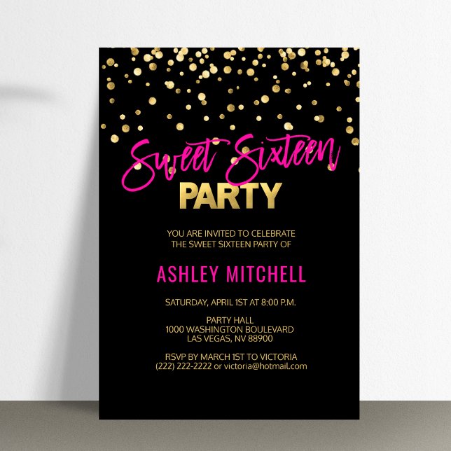 Invitación DULCE DE Oro Rosado CALIENTE DIECISÉIS Invitacione (HOT Pink Gold SWEET SIXTEEN 16 Party Invitations)