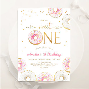 Invitación Dulce de oro rosado un donuts primer cumpleaños
