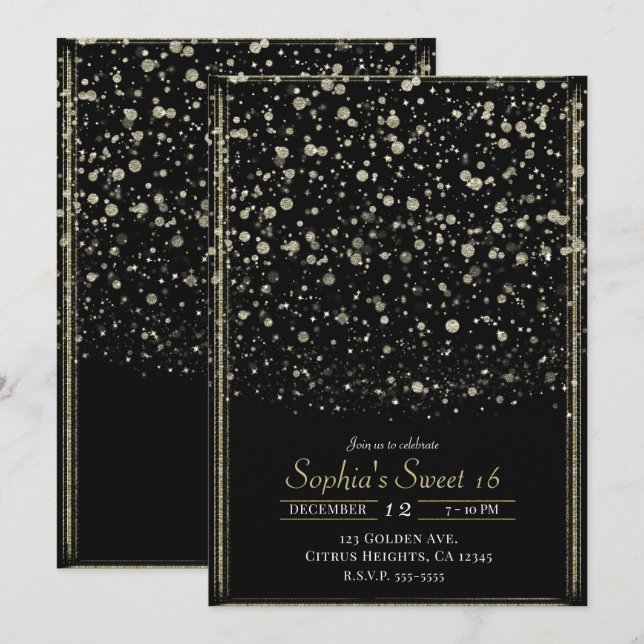 Invitación Dulce de oro y confetti negro 16 Fiestas (Anverso / Reverso)