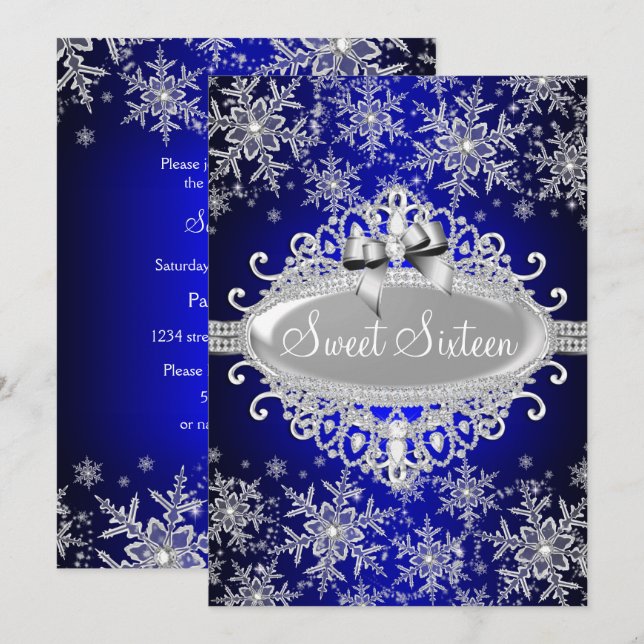 Invitación Dulce de parkol azul real con copo de nieve 16 inv (Anverso / Reverso)
