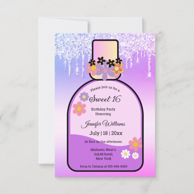 Invitación dulce de perfume rosa retro 16 purpurinas de goteo (Anverso)