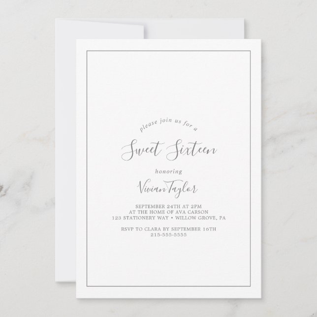 Invitación Dulce de Plata minimalista Dieciséis Cumpleaños (Anverso)