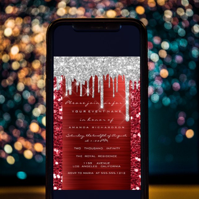 Invitación Dulce de purpurina con gotas rojas plateadas Ruby  (Subido por el creador)