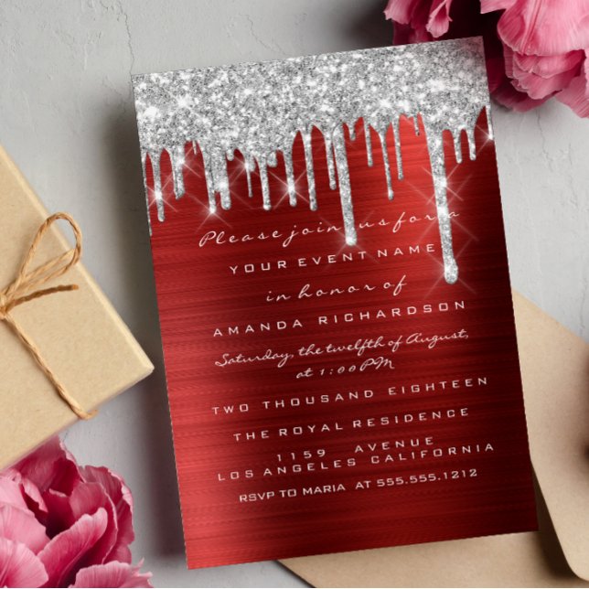 Invitación Dulce de purpurina con gotas rojas plateadas Ruby  (Glitter Drips Silver Red Ruby Bridal Sweet 16th Invitation)