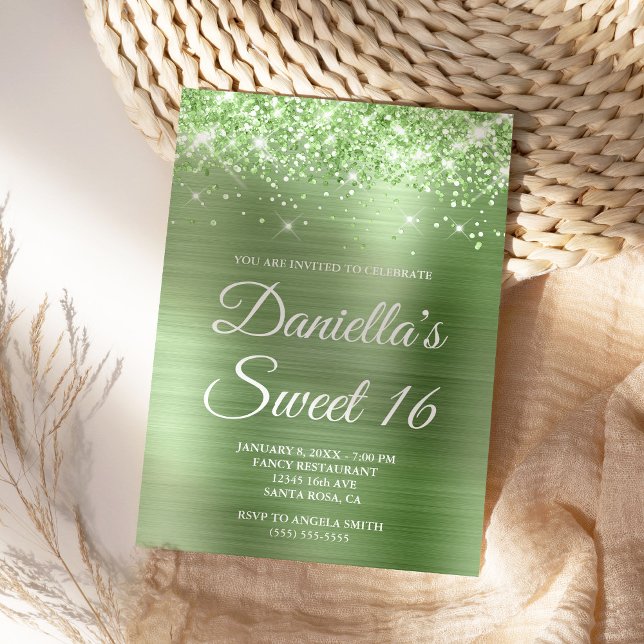 Invitación Dulce de Relieve metalizado verde claro espárricam (Pale Green Glam for Her Sweet 16)