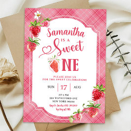 Invitación Dulce de seda rosa un Chica Fresa primer cumpleaño