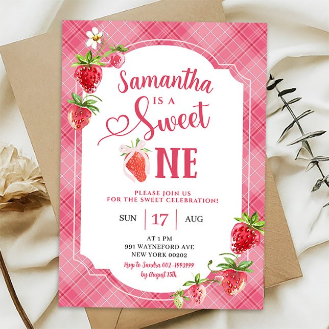 Invitación Dulce de seda rosa un Chica Fresa primer cumpleaño (Subido por el creador)