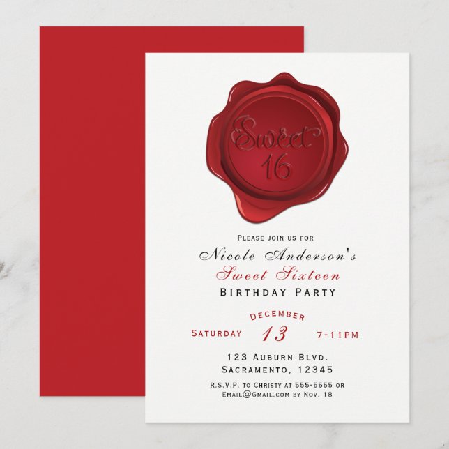 Invitación Dulce de sello de cera roja 16 elegante fiesta de  (Anverso / Reverso)