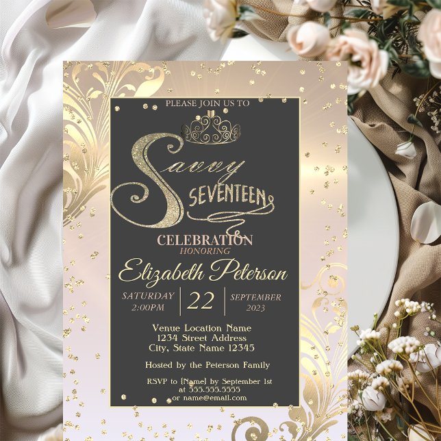 Invitación Dulce de Tiara de oro Diamantes Savvy Diecisiete (Subido por el creador)