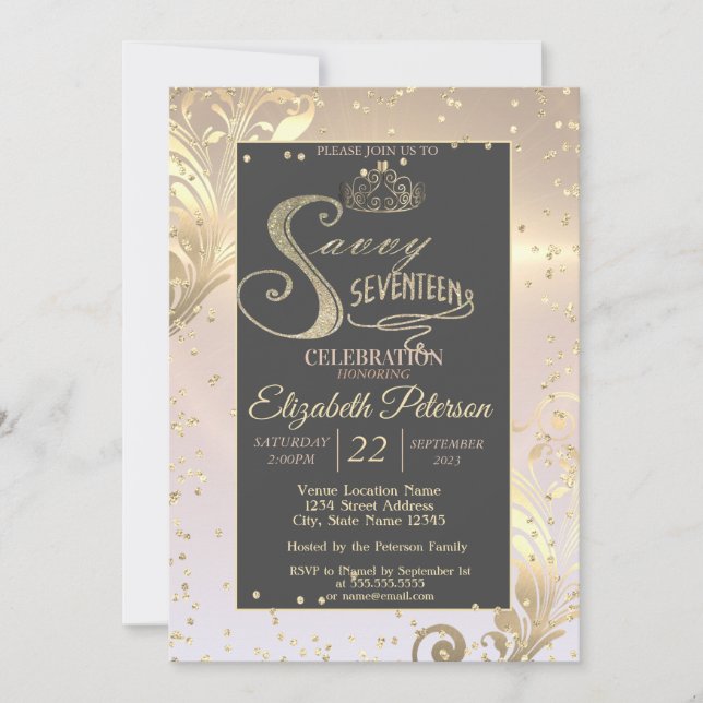 Invitación Dulce de Tiara de oro Diamantes Savvy Diecisiete (Anverso)