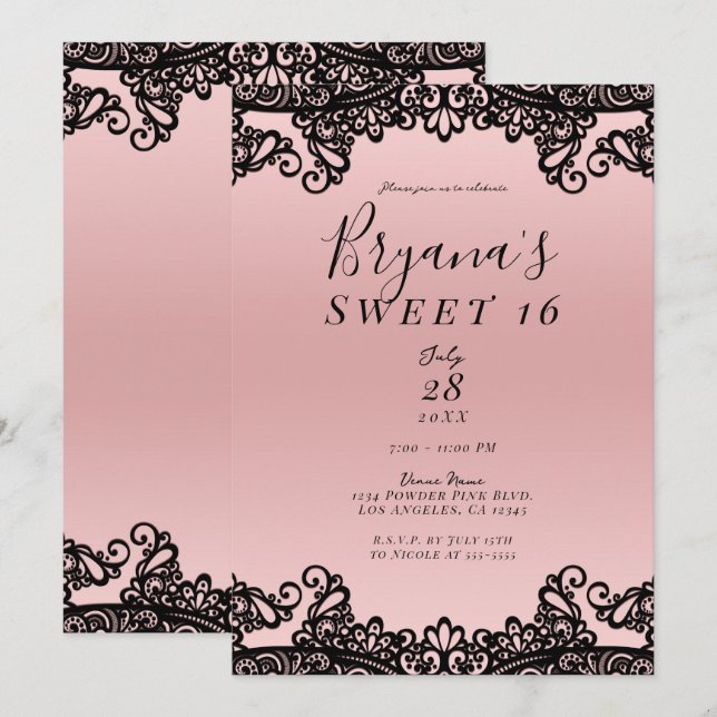 Invitación Dulce de tinta negra rosa de 16 Fiestas (Anverso / Reverso)