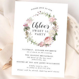 Invitación Dulce de Wreath Floral Blanco Rosa Dieciséis Fiest
