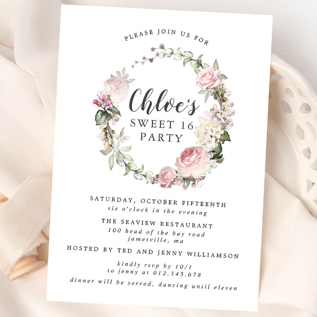 Invitación Dulce de Wreath Floral Blanco Rosa Dieciséis Fiest (Subido por el creador)