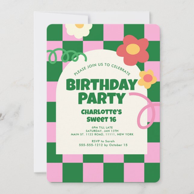 Invitación Dulce del chequeador rosa verde retro 16 fiesta de (Anverso)