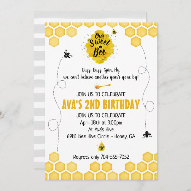 Invitación dulce del cumpleaños de la abeja (Anverso / Reverso)