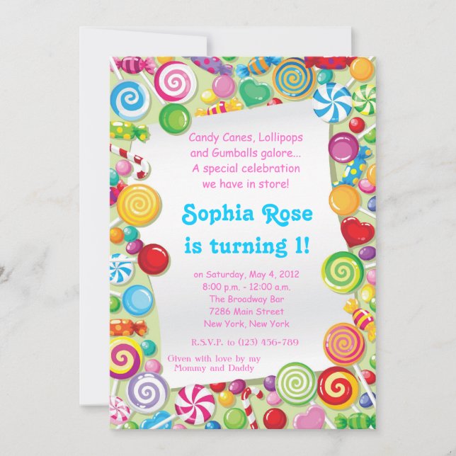 Invitación dulce del cumpleaños del Shoppe de (Anverso)