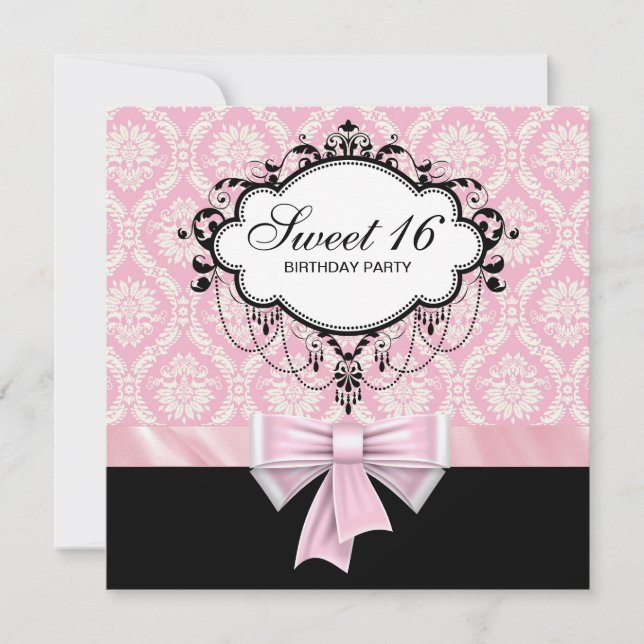 Invitación Dulce Demble Negro Rosa 16 Fiesta de Cumpleaños (Anverso)