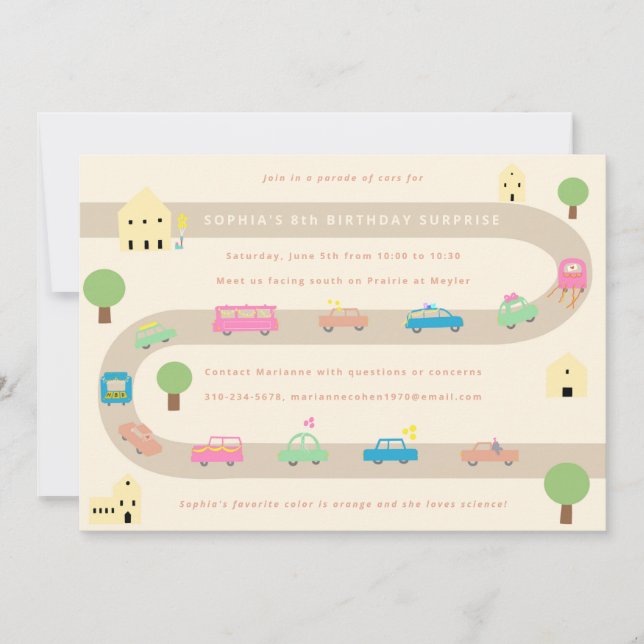 Invitación Dulce Desfile de Cumpleaños de Coches Ilustrados (Anverso)
