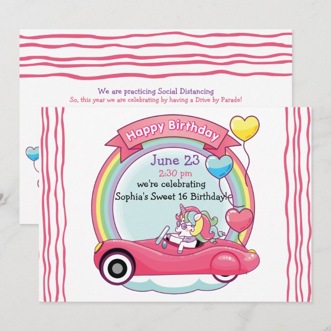 Invitación Dulce desfile de cumpleaños de Unicornio, artista  (Anverso / Reverso)