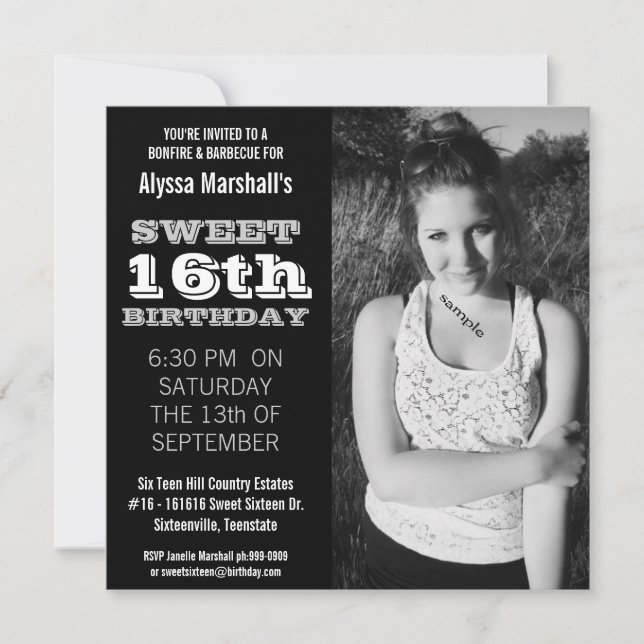 Invitación Dulce Día 16 Mod negro y blanco (Anverso)