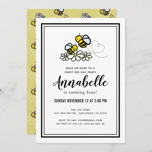 Invitación Dulce Día de Abeja Fiesta Cute Cumpleaños Floral (Anverso / Reverso)