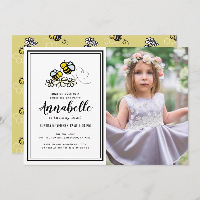Invitación Dulce Día de Abejas Fiesta Cute Floral Foto Cumple (Anverso / Reverso)