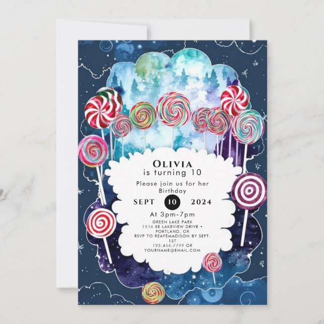 Invitación Dulce Día de Cumpleaños de Candyland Editable (Anverso)