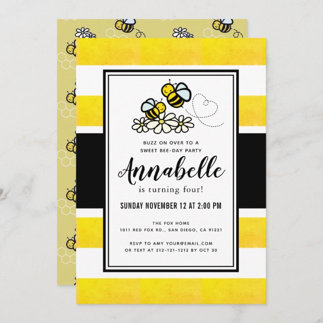 Invitación Dulce Día de la Abeja Fiesta Cute Aniversario Amar (Anverso / Reverso)
