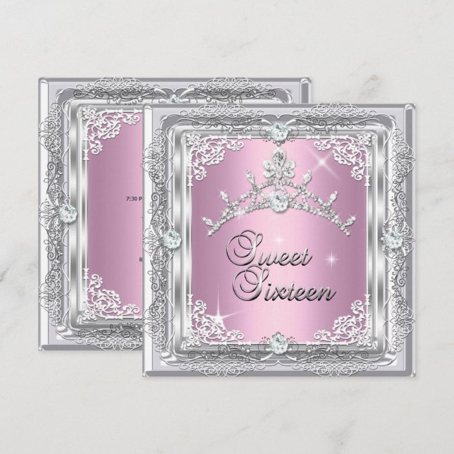 Invitación Dulce Diamante de 16 Plata Rosa Tiara (Anverso / Reverso)