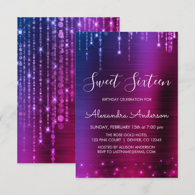 Invitación Dulce días de cumpleaños rosado y morado (Anverso / Reverso)