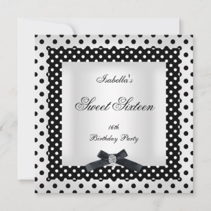 Invitación Dulce Dieciséis 16 Black White Polka Dot Image 2