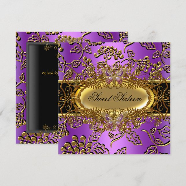 Invitación Dulce Dieciséis 16 Damask Purple Gold Black (Anverso / Reverso)