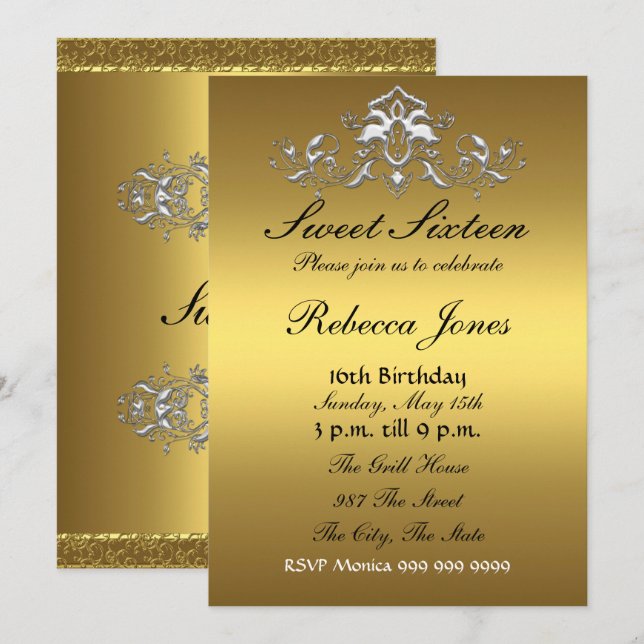 Invitación dulce dieciséis 16 de oro (Anverso / Reverso)